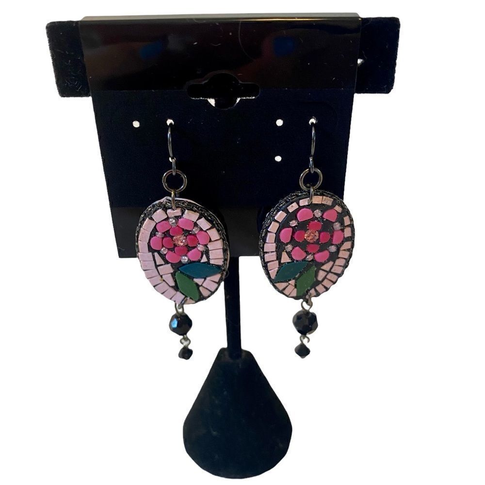 Mosaic Pink Flower Drop Earrings. Beautiful & Unique.